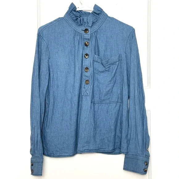 TORY BURCH Linen Cotton Chambray Ruffle High Neck Long Sleeve Pocket Blouse 10‎ - Picture 3 of 11